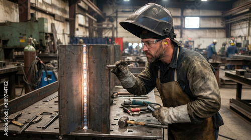 Professional Welder Inspecting Finished Weld Seam on Heavy Steel Structure in Workshop