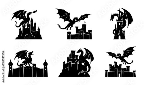 Dragon Castle Silhouettes, Mythical Creature Icons, Fantasy Fortress Vector Set, Medieval Legend Graphics