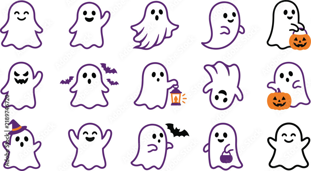 Fototapeta premium Collection of cute hand drawn ghost characters for halloween design projects