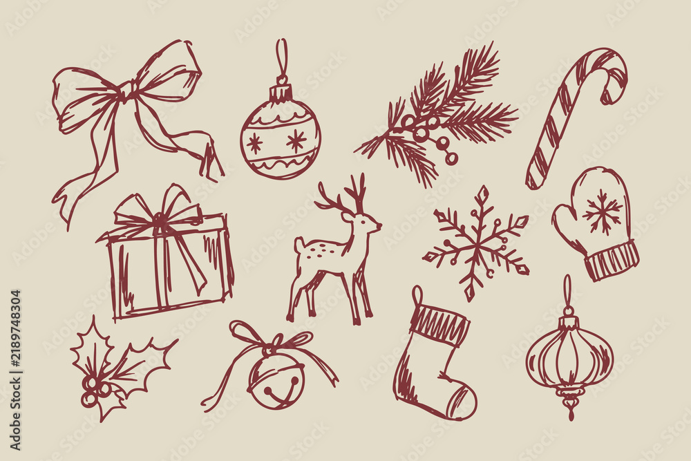 Fototapeta premium Christmas Decorations Hand Drawn Doodle Set