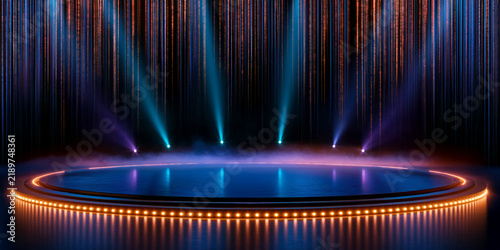 Empty circular stage with colorful spotlights. Illuminated round platform with blue and purple beams, glowing gold lights and vertical light streaks on a dark background