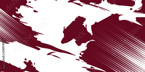 Abstract maroon and white graphic background featuring dynamic paint splatter patterns and diagonal halftone line textures for editorial design