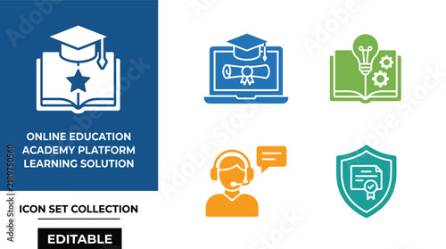 Online education academy platform learning solution vector icon set with modern graphics