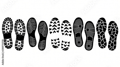 Shoe tread silhouettes showcase diverse sole patterns on a white background