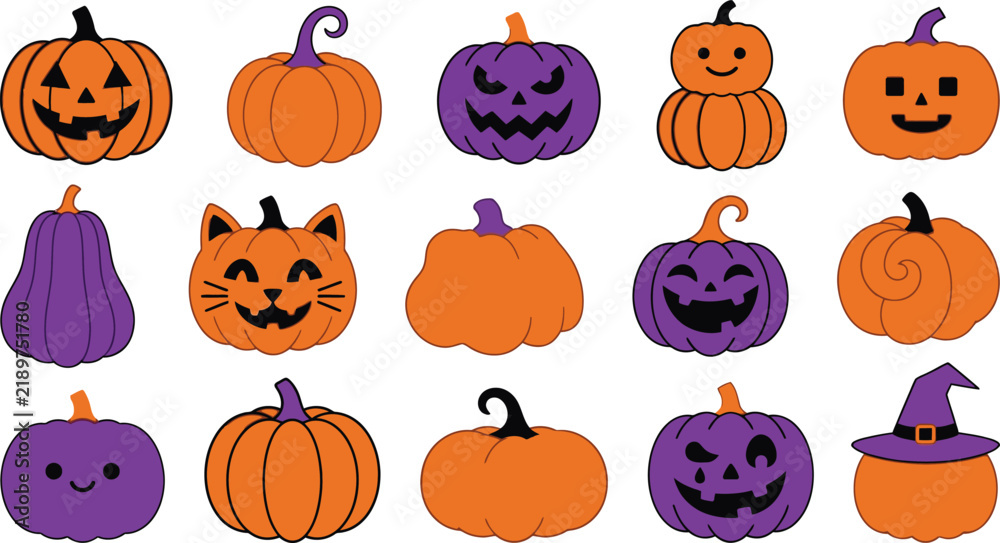 Fototapeta premium Colorful halloween pumpkins and gourds pattern isolated on white
