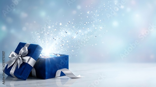 A magical luxury open gift box with glowing lights and sparkles on a soft blue background perfect for holiday celebrations and special occasions