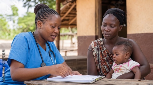 African Female Nurse Consulting with a Mother Holding Her Infant Child, Providing Essential Health Services in a Rural Community