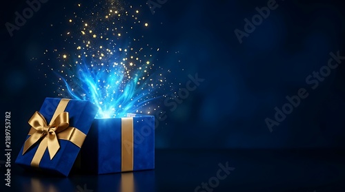 A magical luxury open gift box with glowing sparkles and golden ribbons isolated on a dark blue background for festive holiday celebration concepts