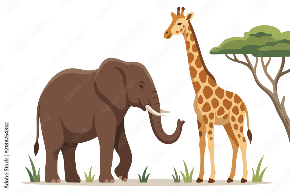 Obraz premium Wild Elephant And Giraffe Standing In African Savanna