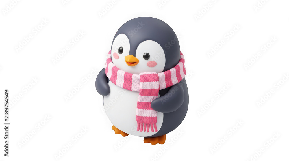 Obraz premium Cute cartoon penguin wearing a pink and white striped scarf isolated on transparent background