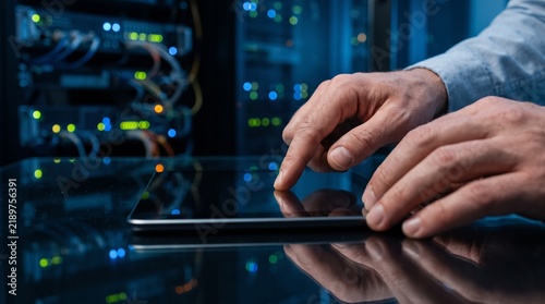Plakat IT engineer using digital tablet in data center server room for cloud computing management and network security maintenance in high tech facility