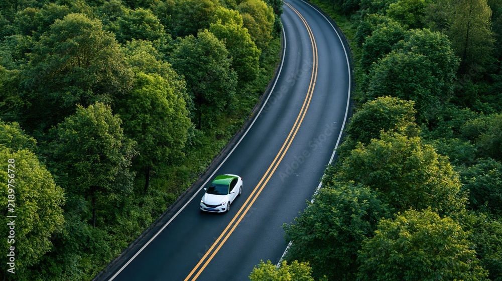 Fototapeta premium White car driving on wet highway through lush green forest