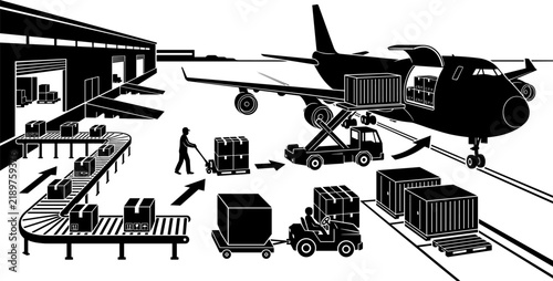 Air cargo logistics cargo plane loading warehouse terminal freight transport vector illustration concept