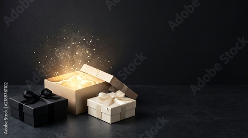 An exquisitely rendered image showcases a dramatically lit open gift box emitting a radiant magical glow symbolizing luxury celebration and the wonder of discovery