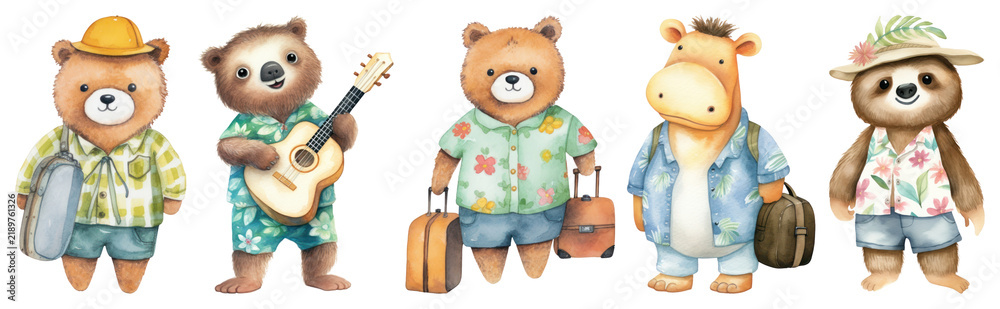 Obraz premium PNG Adorable animals in vacation attire on transparent background