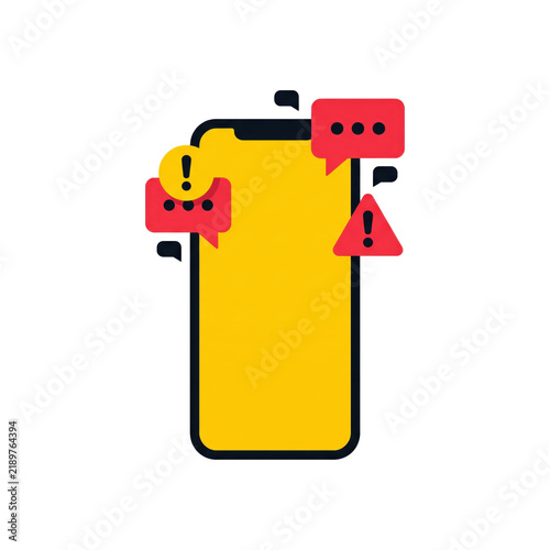 Yellow smartphone icon with red notification bubbles and warning signs on transparent background