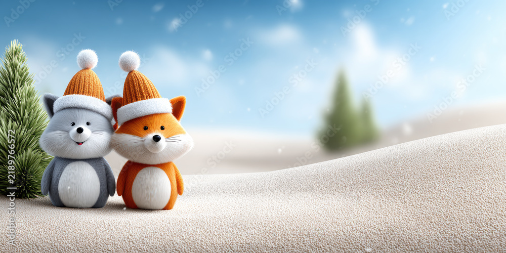 Fototapeta premium Christmas animals celebrating winter holidays, three cute friends, a hamster and two foxes, wearing red santa hats peeking over snowy ground with festive forest background and copy space