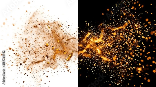 Dynamic golden spark explosion with fiery particle effects in dark space.