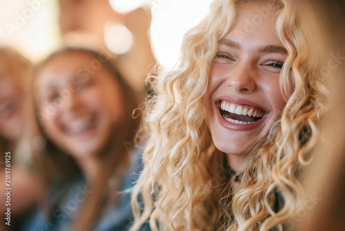 Group of cheerful young friends laughing together brightly with blonde curly hair in foreground