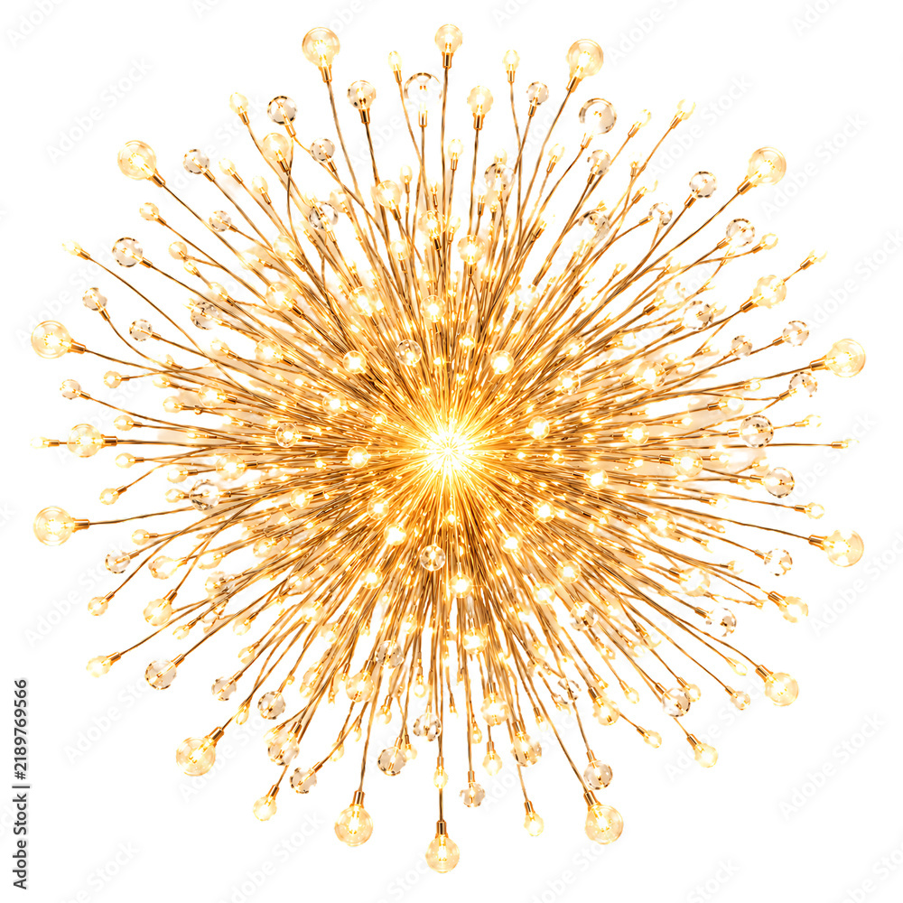 Fototapeta premium Luxury golden crystal chandelier light fixture with glowing bulbs isolated on transparent background
