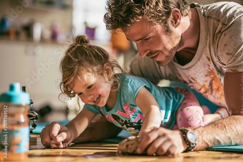 Loving father playing with his cute toddler daughter at home on a wooden floor