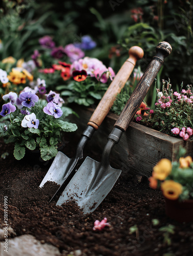 Gardening tools ready for planting flowers in rich soil
