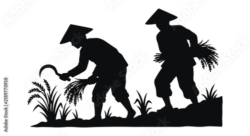 Foto Farmers harvesting rice with scythes depicted as a black silhouette