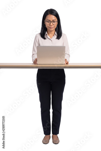 Businesswoman Standing at Desk Typing on Laptop