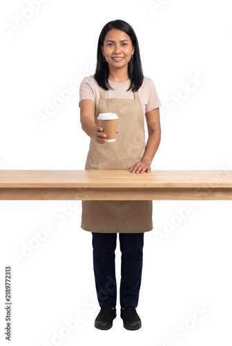 Barista Woman in Apron Serving Coffee Over Counter