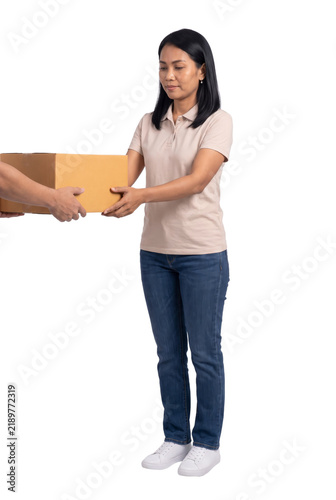 Woman Receiving Cardboard Box Delivery with Both Hands