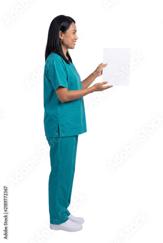 Smiling Nurse Holding Blank Paper Sign