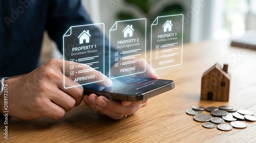 Professional using mobile app for real estate property search and virtual home tours.