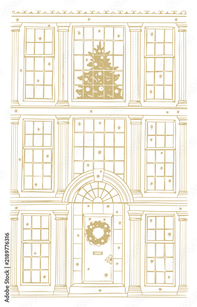 Fototapeta premium Elegant hand-drawn Christmas townhouse facade with festive decorations, snowflakes, wreath, and Christmas tree, created in a vintage ornamental style.