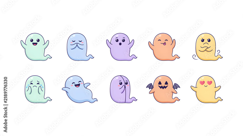 Obraz premium Cute Halloween Little Ghost Vector Characters Set in Pastel Colors with Bat Wings, Heart Eyes and Various Emotions Flat Clipart