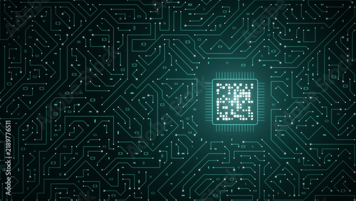 Canvastavla Glowing turquoise CPU processor chip on a circuit board background, digital tech