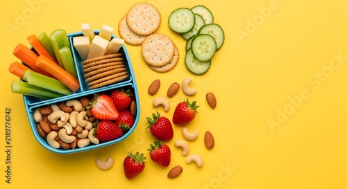 Healthy Snack Box with Fresh Strawberries Nuts Crackers and Vegetable Sticks on Yellow Background