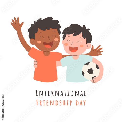 International Day of Friendship vector illustration of interracial black and white boys hugging