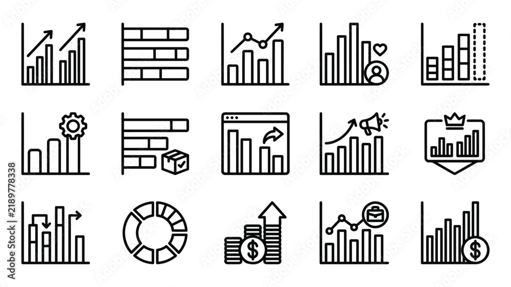Obraz premium Set of business and financial chart icons featuring bar graphs and data analysis elements in thin line style