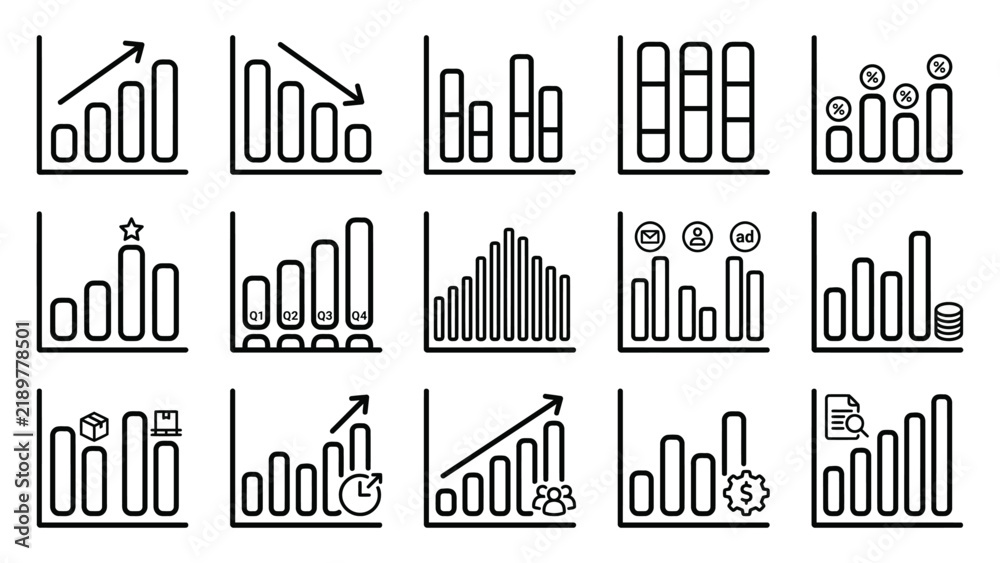Obraz premium Set of fifteen hand drawn doodle style bar chart icons representing various business data analysis and growth trends