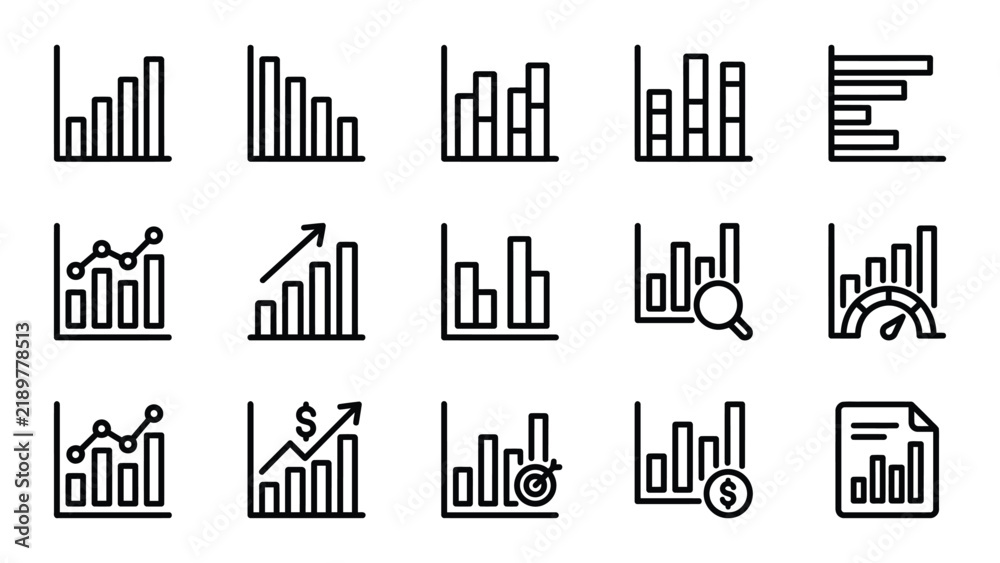 Obraz premium Set of fifteen thin line business chart and financial graph icons for data analysis and reporting