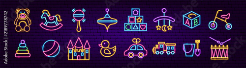 Children Toys Neon Objects. Child Newborn Glow Icons Set. Vector Illustration with Dark Brick Wall BG. Baby SHower Party Gift SIgns.