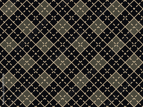Argyle pattern with interlocking diamond shapes in muted gold and black for textile and wallpaper backgrounds
