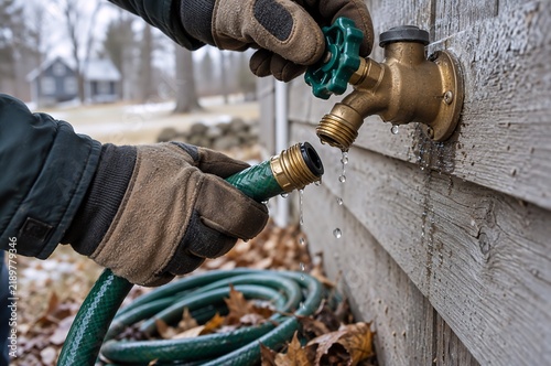 Man in work gloves disconnecting garden hose from outdoor faucet before winter. Draining water from tap on wooden house wall in cold weather.