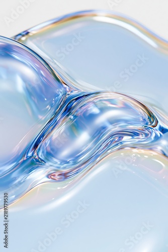 Iridescent transparent glass waves with soft blue reflections and rainbow highlights forming a futuristic abstract macro background