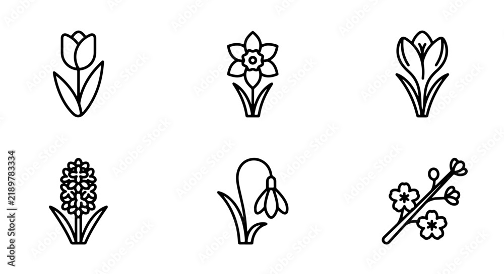Fototapeta premium Spring Flowers Icon Set, 6 Floral Vector Graphics, Tulip Daffodil Crocus Hyacinth Snowdrop Blossom