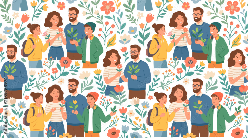 Fototapeta premium Diverse group of people enjoying nature and plants in a vibrant floral pattern background