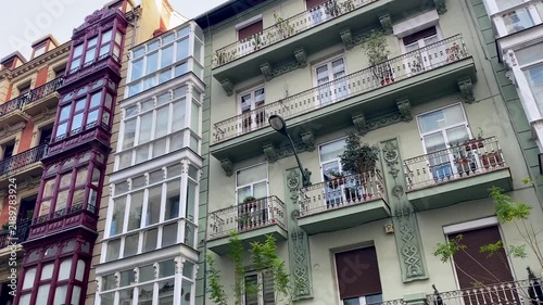 View of buildings and urban architecture in Bilbao, Spain, showcasing the city's distinctive architectural character, historic streets, and dense cityscape.