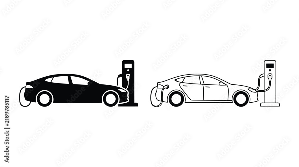 Naklejka premium Electric car charging at station black and white line art
