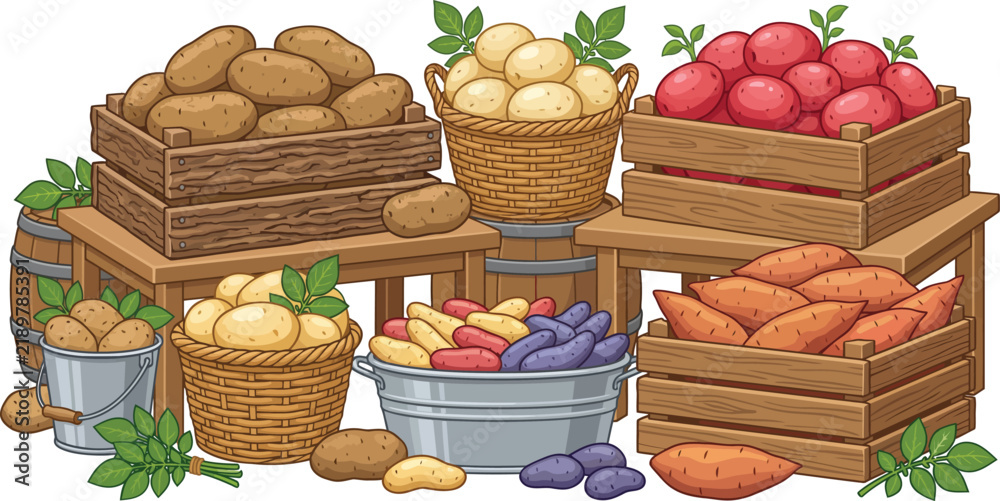 Obraz premium Fresh potato harvest collection, organic root vegetables in wooden crates and baskets, rustic farm market produce vector illustration