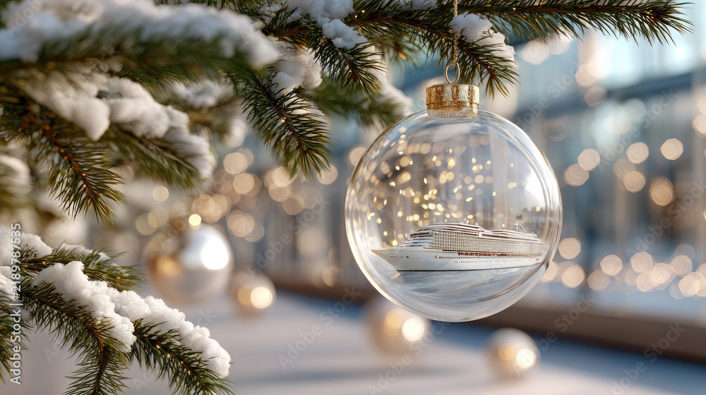 Obraz premium Christmas ornament featuring a cruise ship, symbolizing festive holiday travel dreams and winter vacation planning, hanging on a snowy fir branch with sparkling bokeh lights